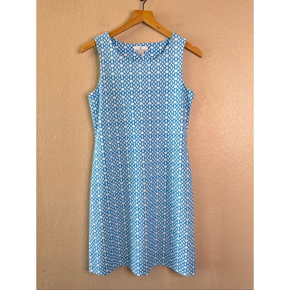 Jude Connally Beth Sleeveless Dress Blue White Geometric Print Stretch Small
